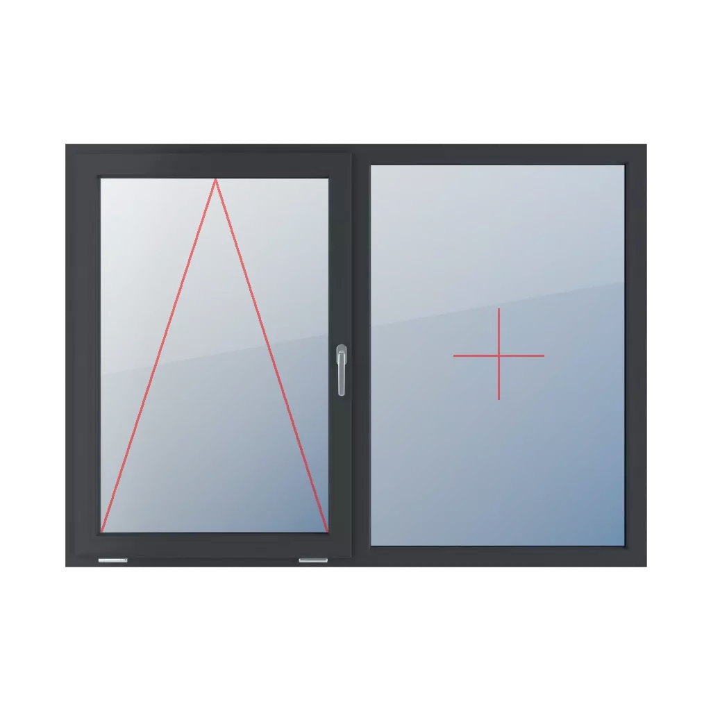 Uchylne z klamką z prawej strony, stałe szklenie w ramie okna typy-okien 2-skrzydlowe podzial-symetryczny-poziomy-50-50  