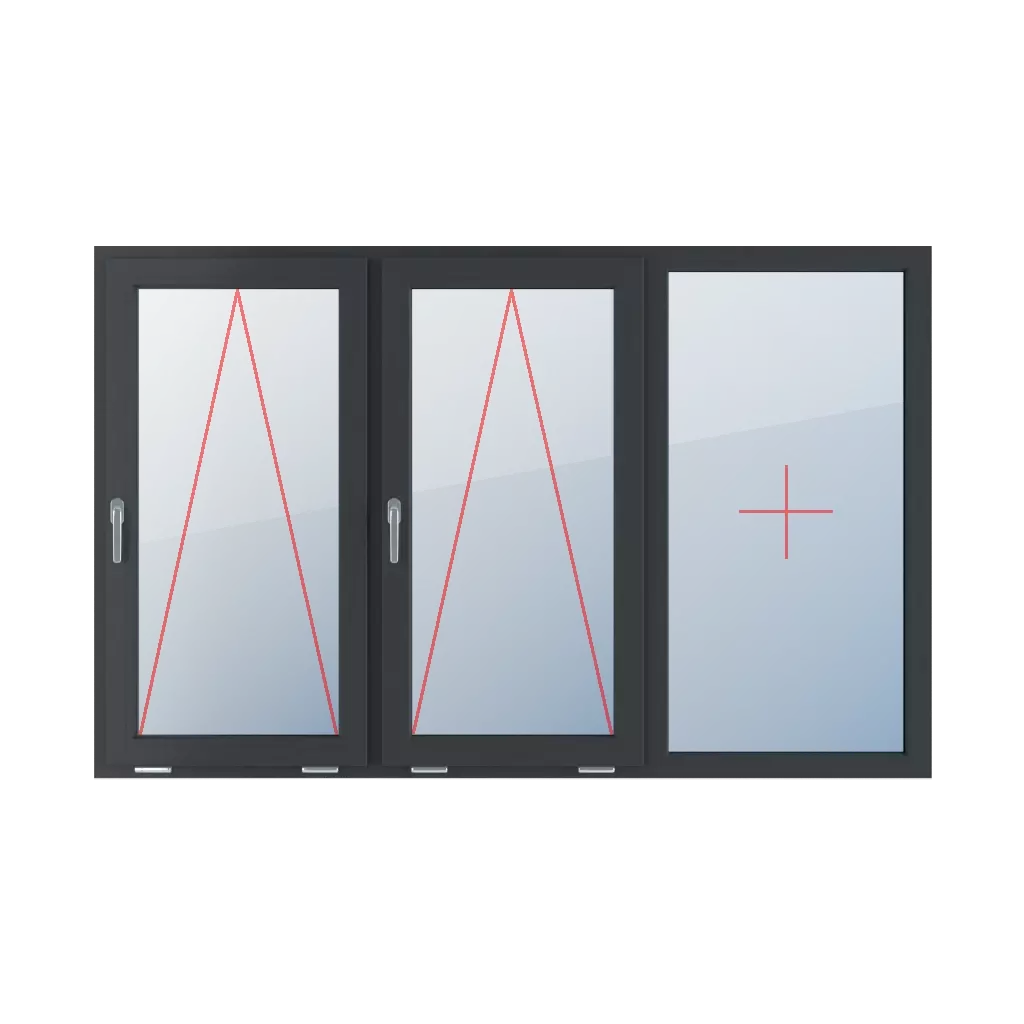 Uchylne z klamką z lewej strony, szklenie stałe w ramie okna typy-okien 3-skrzydlowe podzial-symetryczny-poziomy-33-33-33  