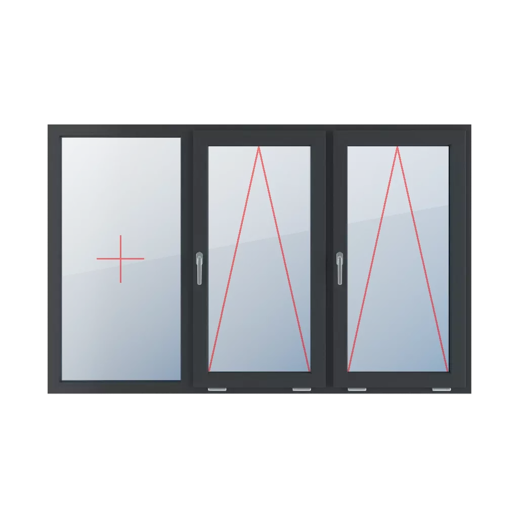 Szklenie stałe w ramie, uchylne z klamką z lewej strony, uchylne z klamką z lewej strony okna typy-okien 3-skrzydlowe podzial-symetryczny-poziomy-33-33-33  