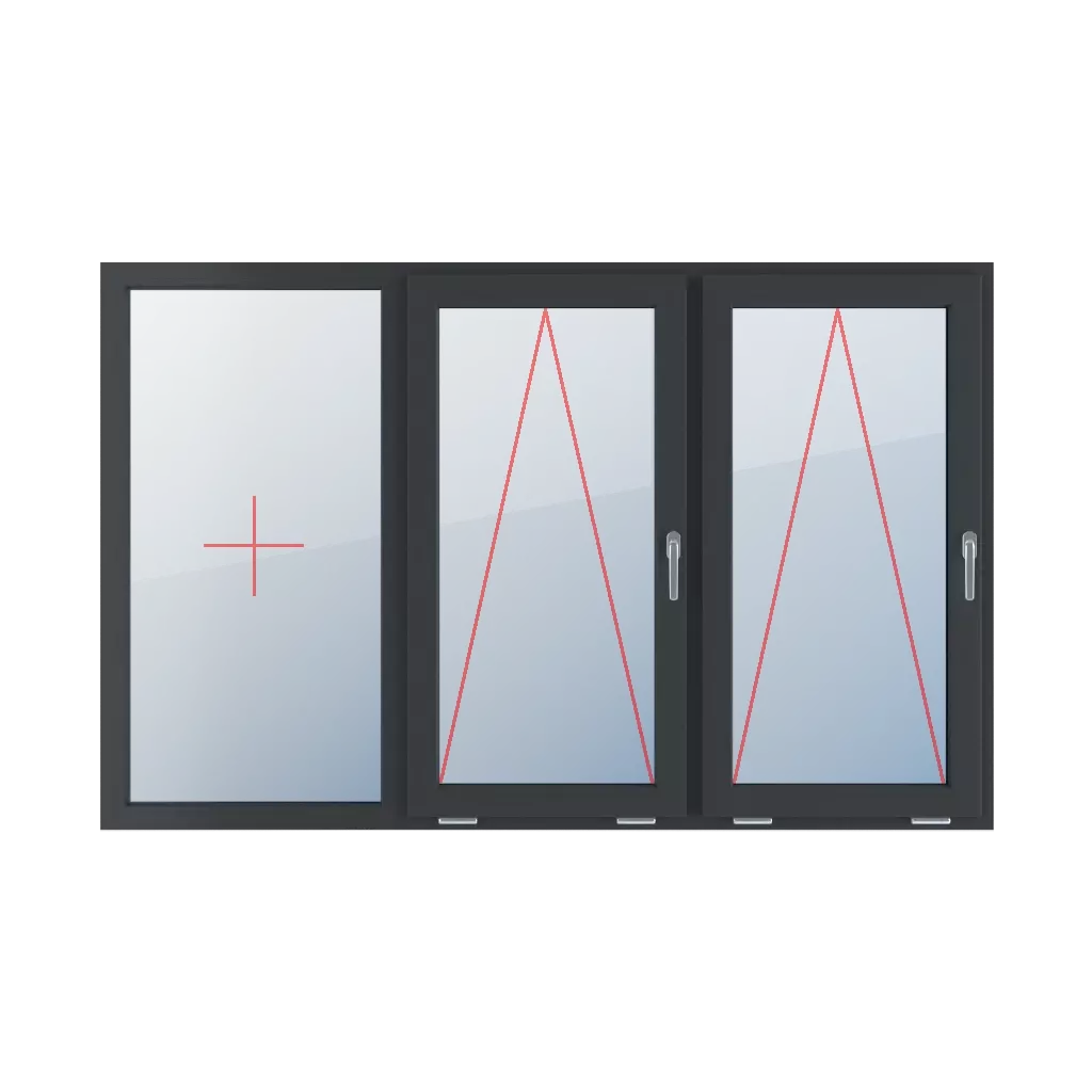 Szklenie stałe w ramie, uchylne z klamką z prawej strony, uchylne z klamką z prawej strony okna typy-okien 3-skrzydlowe podzial-symetryczny-poziomy-33-33-33  