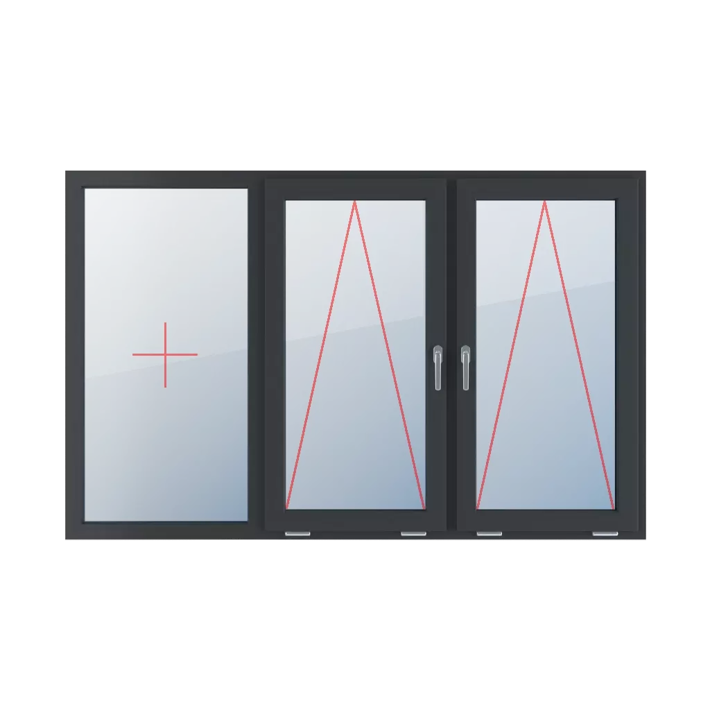 Szklenie stałe w ramie, uchylne z klamką na środku, uchylne z klamką na środku okna typy-okien 3-skrzydlowe podzial-symetryczny-poziomy-33-33-33  