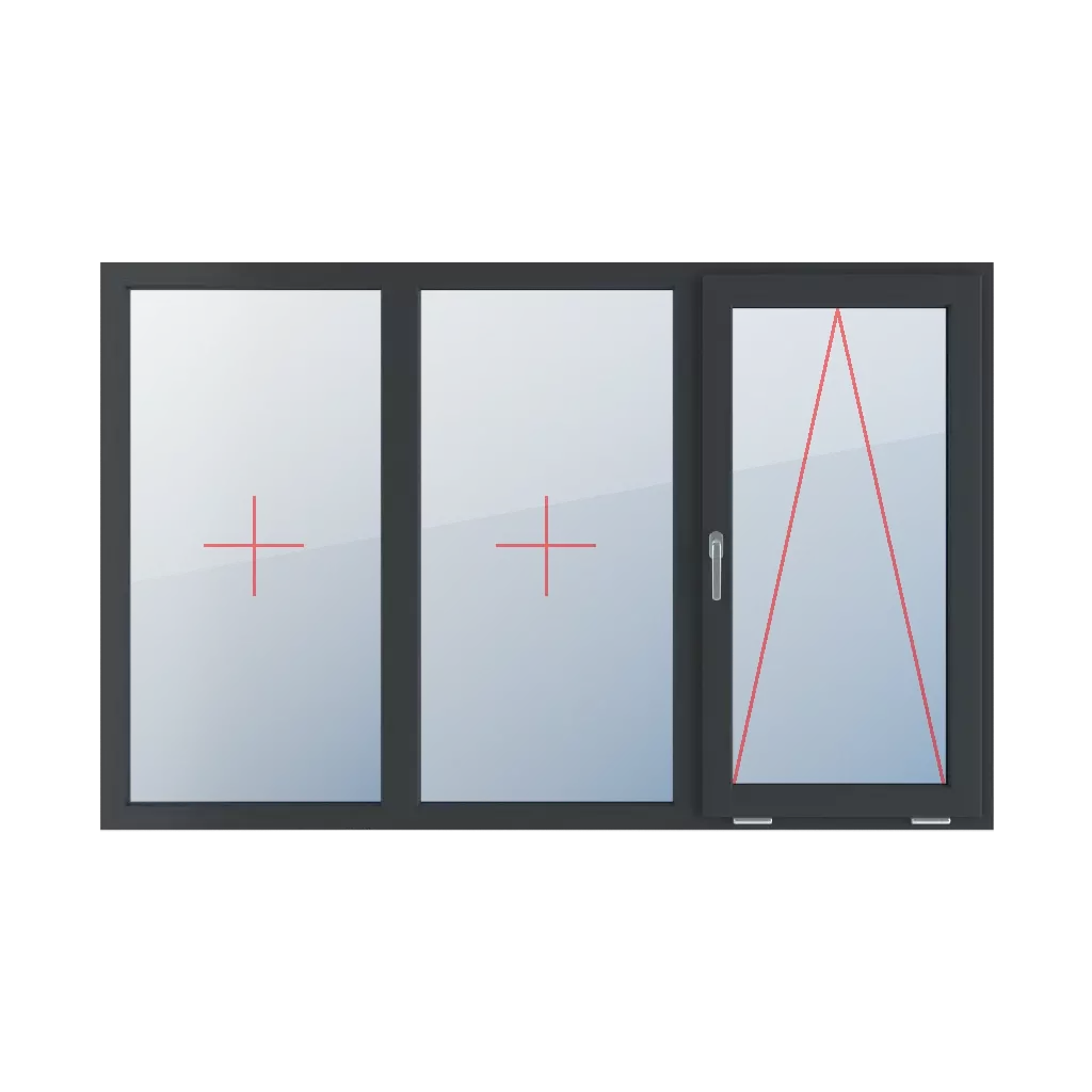 Szklenie stałe w ramie, uchylne z klamką z lewej strony okna typy-okien 3-skrzydlowe podzial-symetryczny-poziomy-33-33-33  