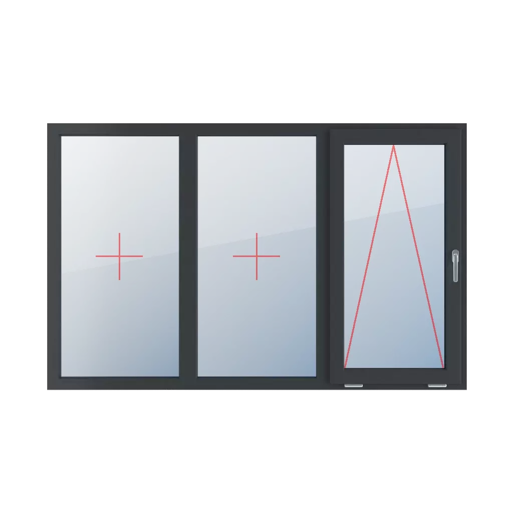 Szklenie stałe w ramie, uchylne z klamką z prawej strony okna typy-okien 3-skrzydlowe podzial-symetryczny-poziomy-33-33-33  
