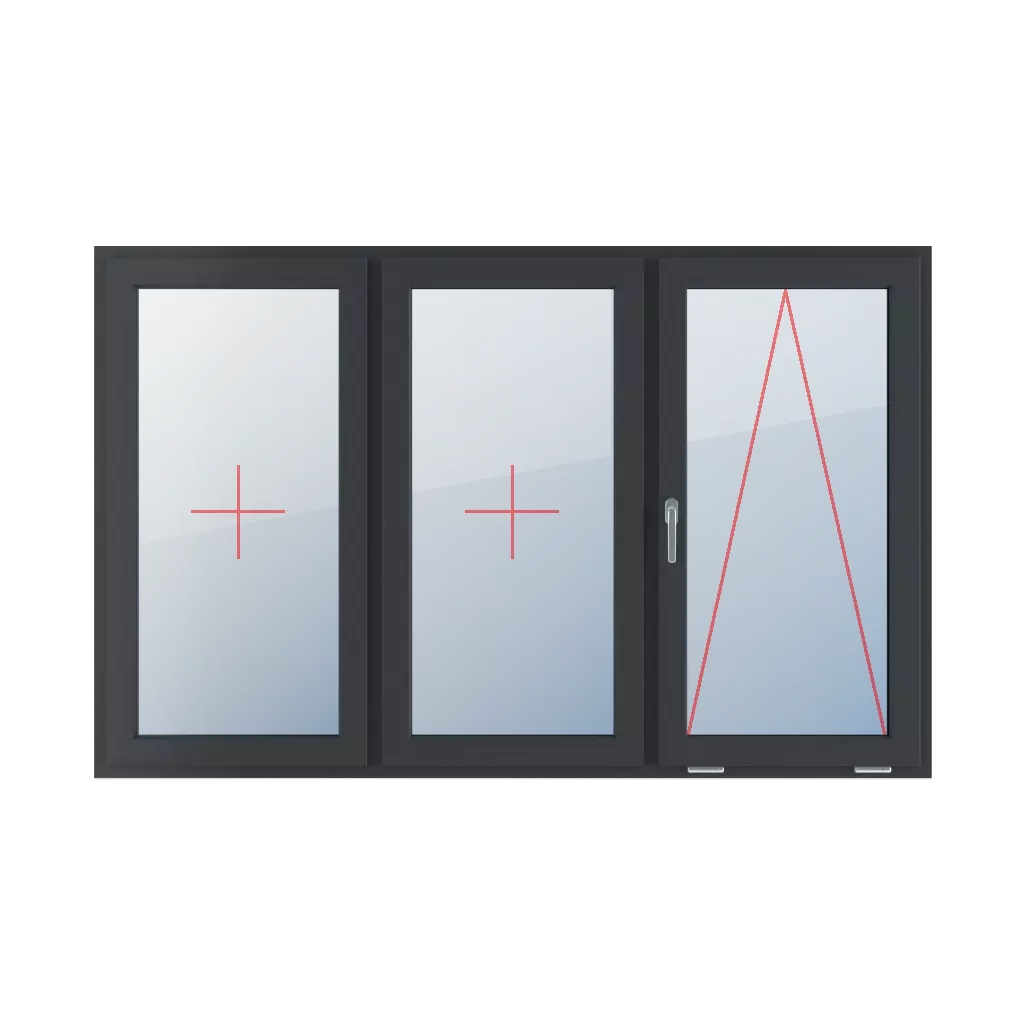 Szklenie stałe w skrzydle, uchylne z klamką z lewej strony okna typy-okien 3-skrzydlowe podzial-symetryczny-poziomy-33-33-33  