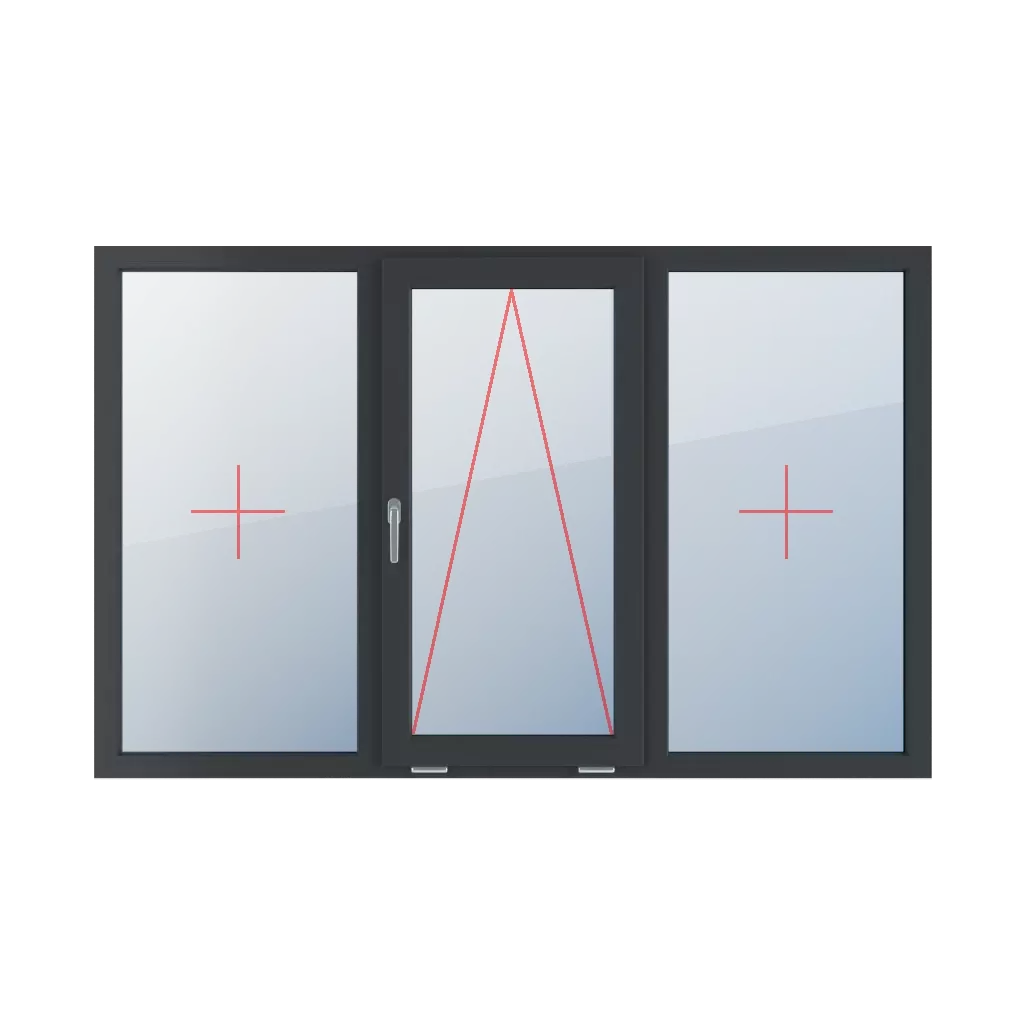 Szklenie stałe w ramie, uchylne z klamką z lewej strony, szklenie stałe w ramie okna typy-okien 3-skrzydlowe podzial-symetryczny-poziomy-33-33-33  