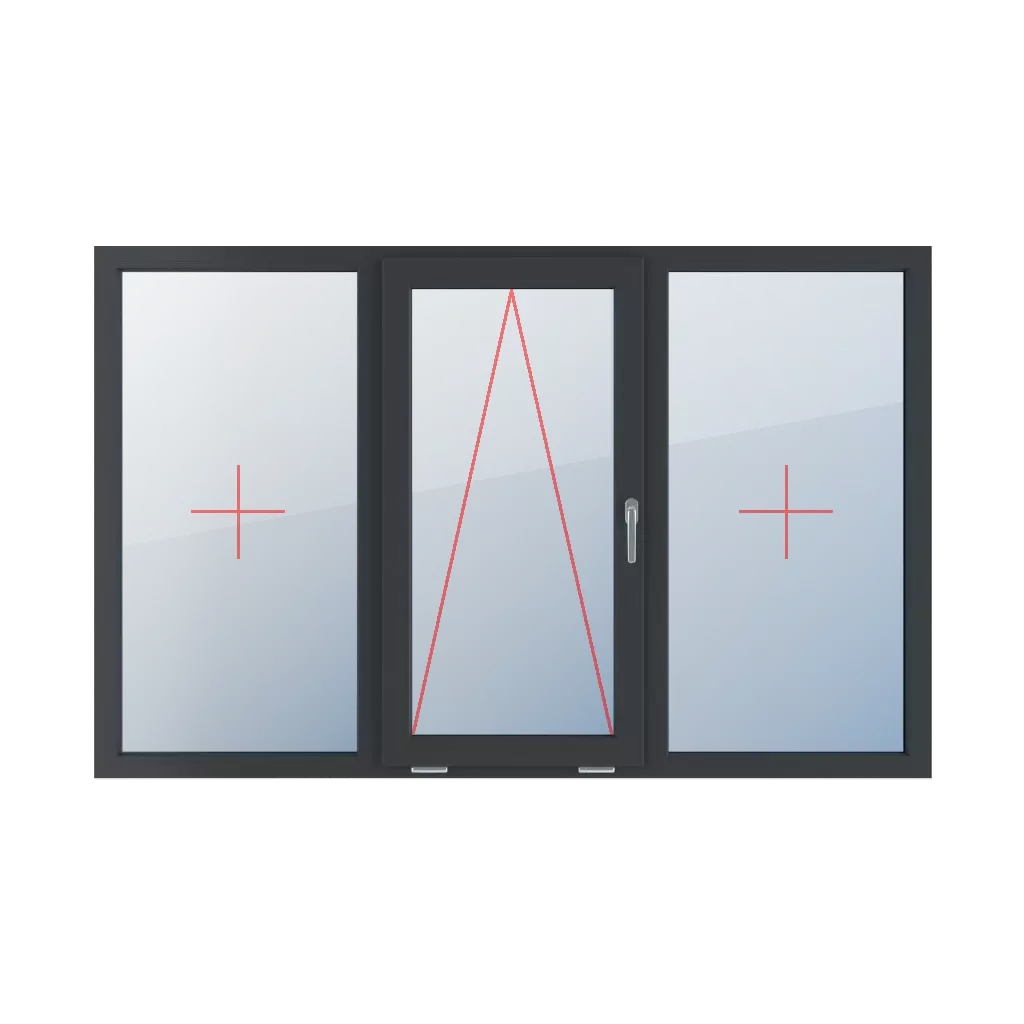 Szklenie stałe w ramie, uchylne z klamką z prawej strony, szklenie stałe w ramie okna typy-okien 3-skrzydlowe podzial-symetryczny-poziomy-33-33-33  