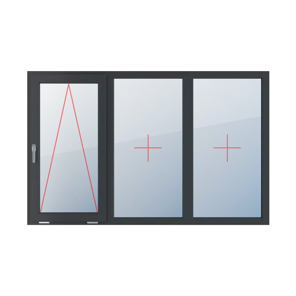 Uchylne z klamką z lewej strony, szklenie stałe w ramie, szklenie stałe w ramie okna typy-okien 3-skrzydlowe podzial-symetryczny-poziomy-33-33-33  