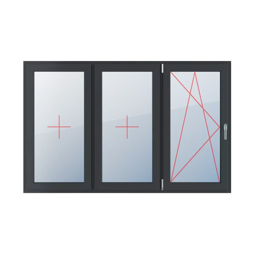 Szklenie stałe w skrzydle, rozwierno-uchylne lewe okna typy-okien 3-skrzydlowe podzial-symetryczny-poziomy-33-33-33  