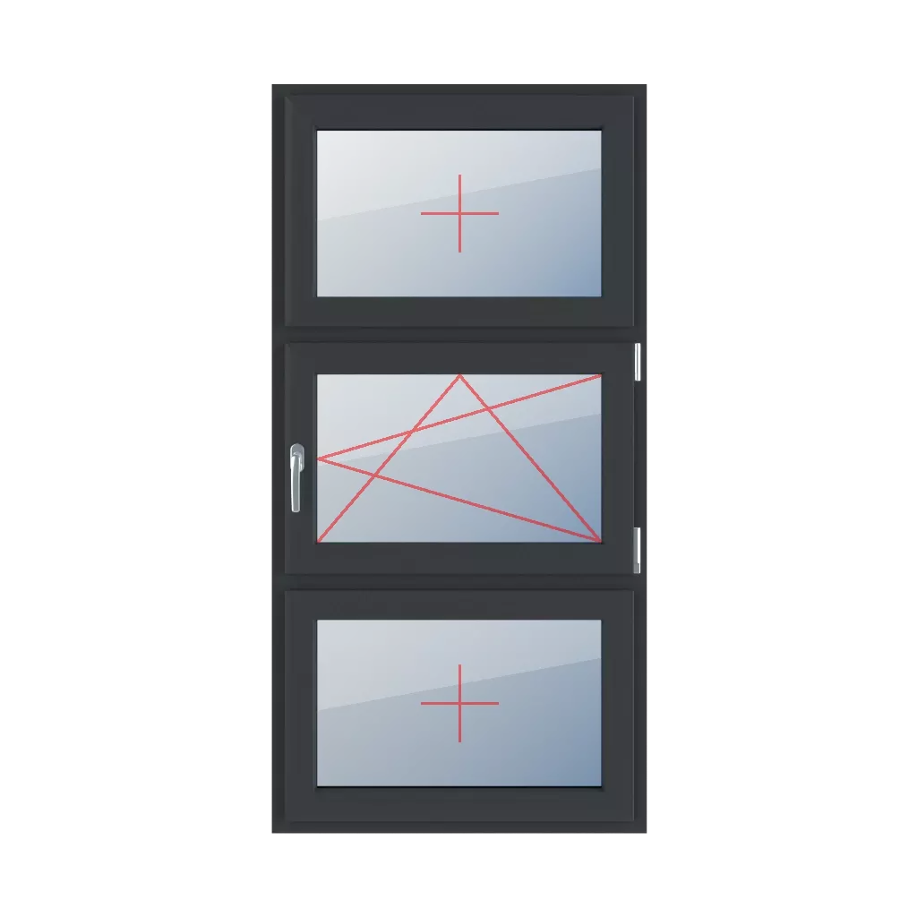 Szklenie stałe w skrzydle, rozwierno-uchylne prawe, szklenie stałe w skrzydle okna typy-okien 3-skrzydlowe podzial-symetryczny-pionowy-33-33-33  