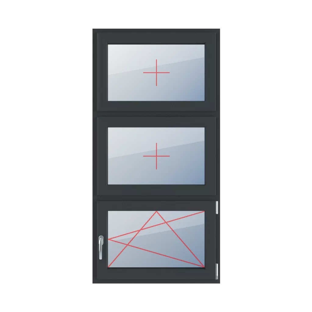 Szklenie stałe w skrzydle, rozwierno-uchylne prawe okna typy-okien 3-skrzydlowe podzial-symetryczny-pionowy-33-33-33  