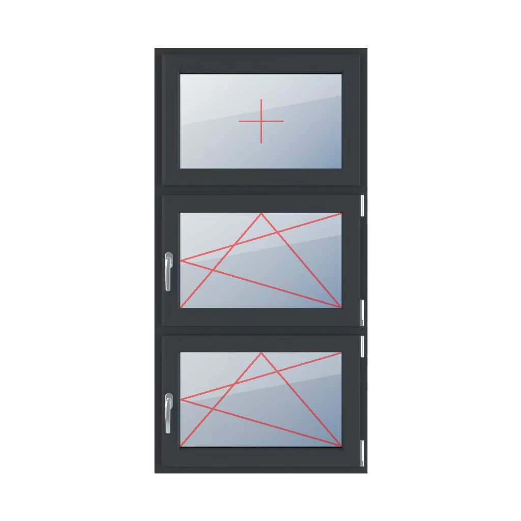Szklenie stałe w skrzydle, rozwierno-uchylne prawe, rozwierno-uchylne prawe okna typy-okien 3-skrzydlowe podzial-symetryczny-pionowy-33-33-33  