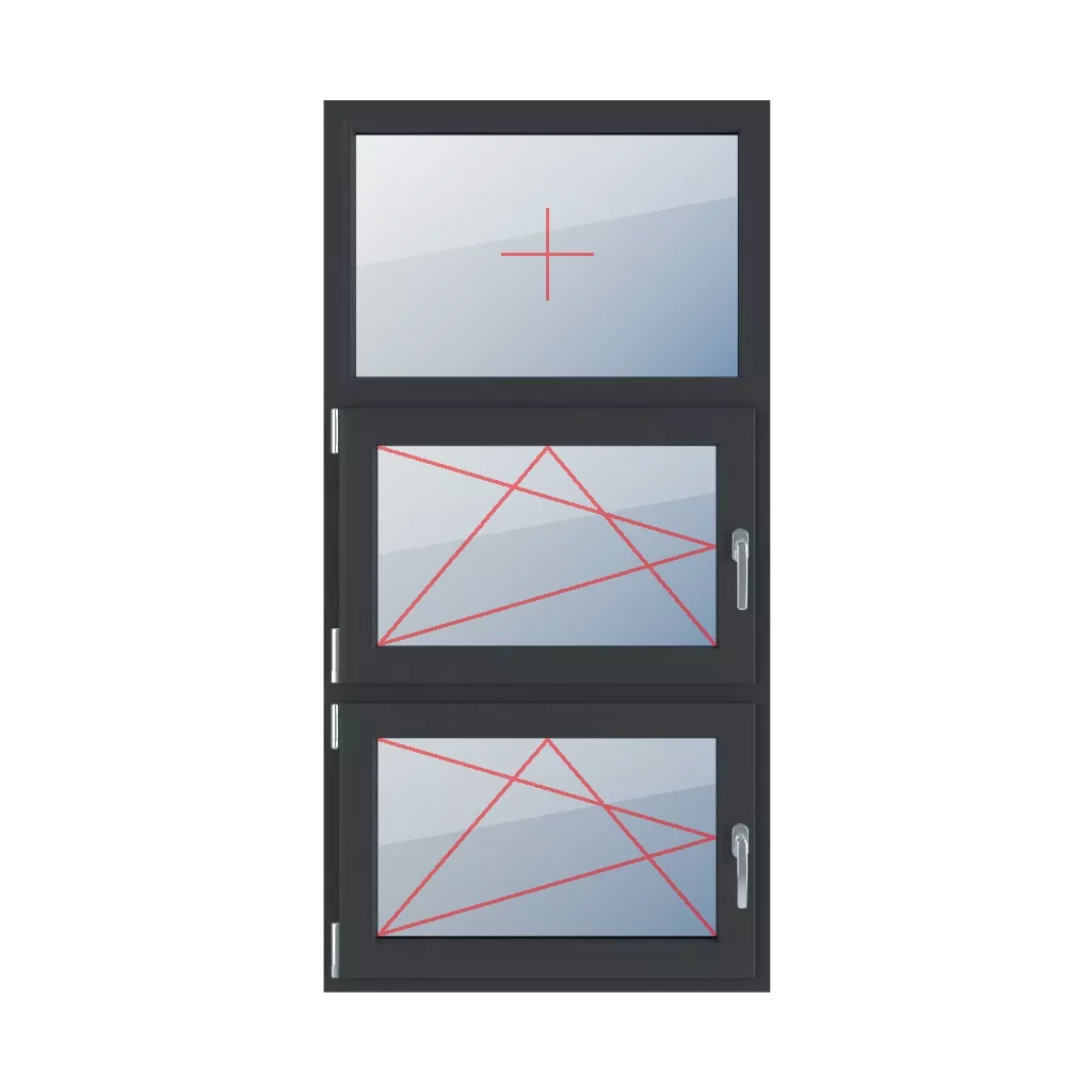 Szklenie stałe w ramie, rozwierno-uchylne lewe, rozwierno-uchylne lewe okna typy-okien 3-skrzydlowe podzial-symetryczny-pionowy-33-33-33  
