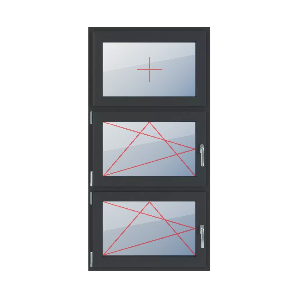 Szklenie stałe w skrzydle, rozwierno-uchylne lewe, rozwierno-uchylne lewe okna typy-okien 3-skrzydlowe podzial-symetryczny-pionowy-33-33-33  