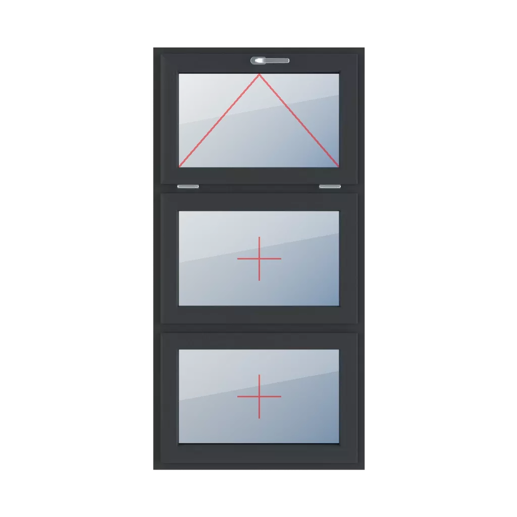 Uchylne z klamką u góry, szklenie stałe w skrzydle okna typy-okien 3-skrzydlowe podzial-symetryczny-pionowy-33-33-33  