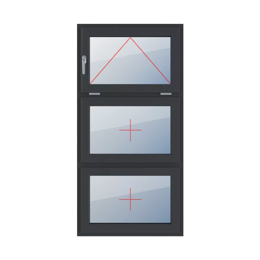Uchylne z klamką z lewej strony, szklenie stałe w skrzydle okna typy-okien 3-skrzydlowe podzial-symetryczny-pionowy-33-33-33  