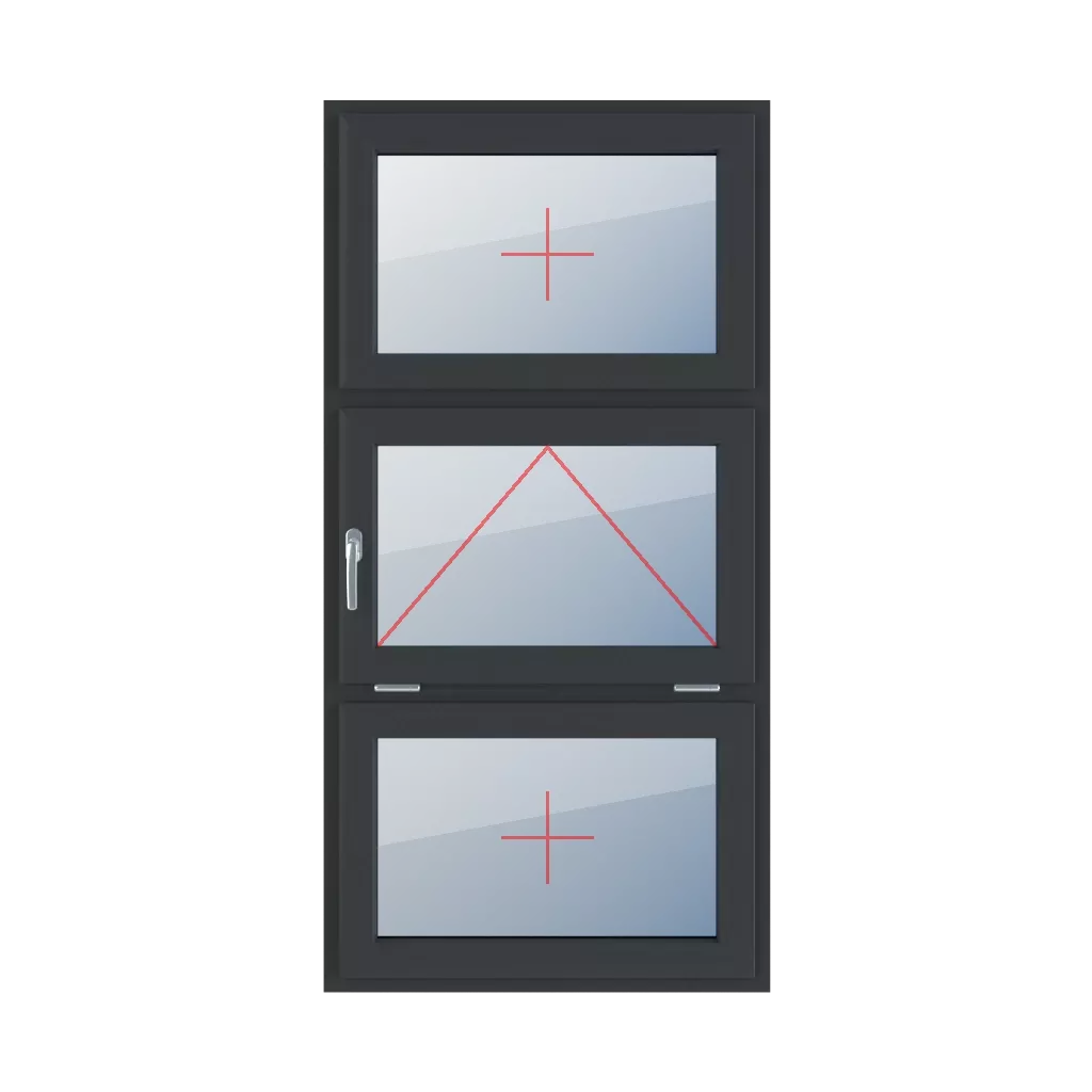 Szklenie stałe w skrzydle, uchylne z klamką z lewej strony, szklenie stałe w skrzydle okna typy-okien 3-skrzydlowe podzial-symetryczny-pionowy-33-33-33  