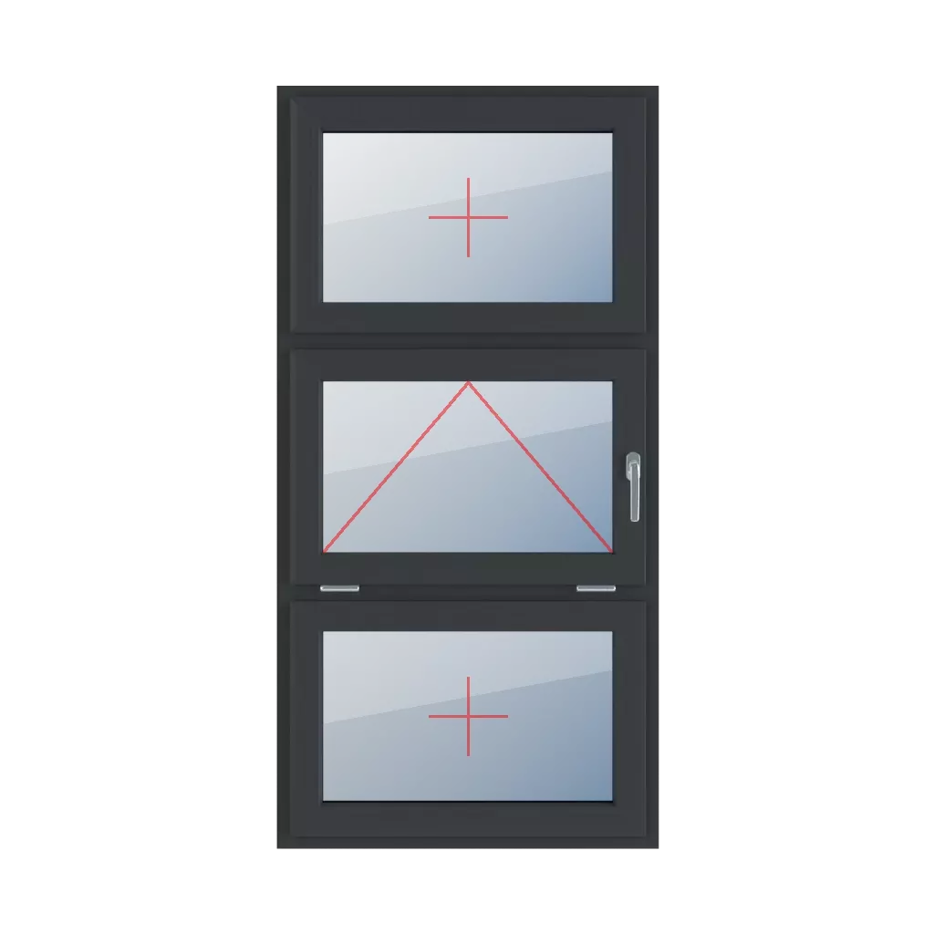 Szklenie stałe w skrzydle, uchylne z klamką z prawej strony, szklenie stałe w skrzydle okna typy-okien 3-skrzydlowe podzial-symetryczny-pionowy-33-33-33  