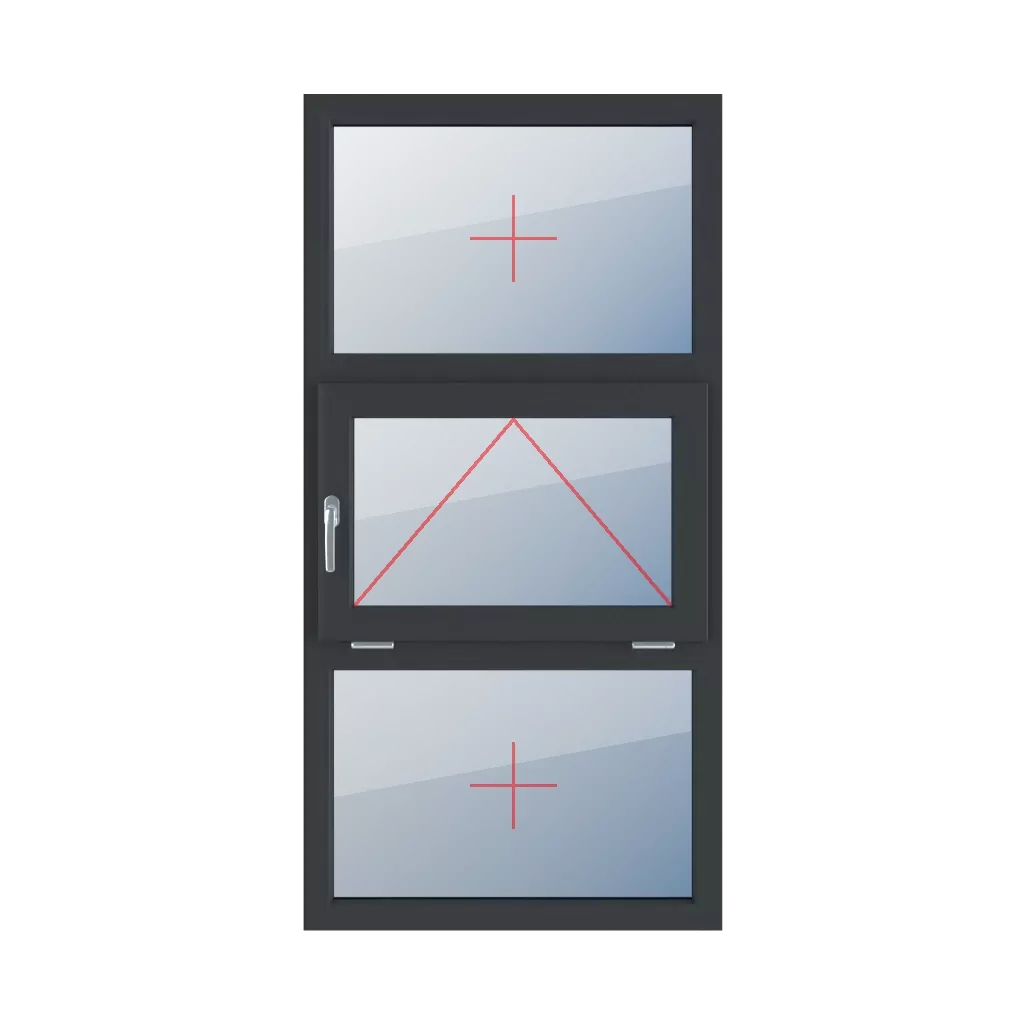 Szklenie stałe w ramie, uchylne z klamką z lewej strony, szklenie stałe w ramie okna typy-okien 3-skrzydlowe podzial-symetryczny-pionowy-33-33-33  