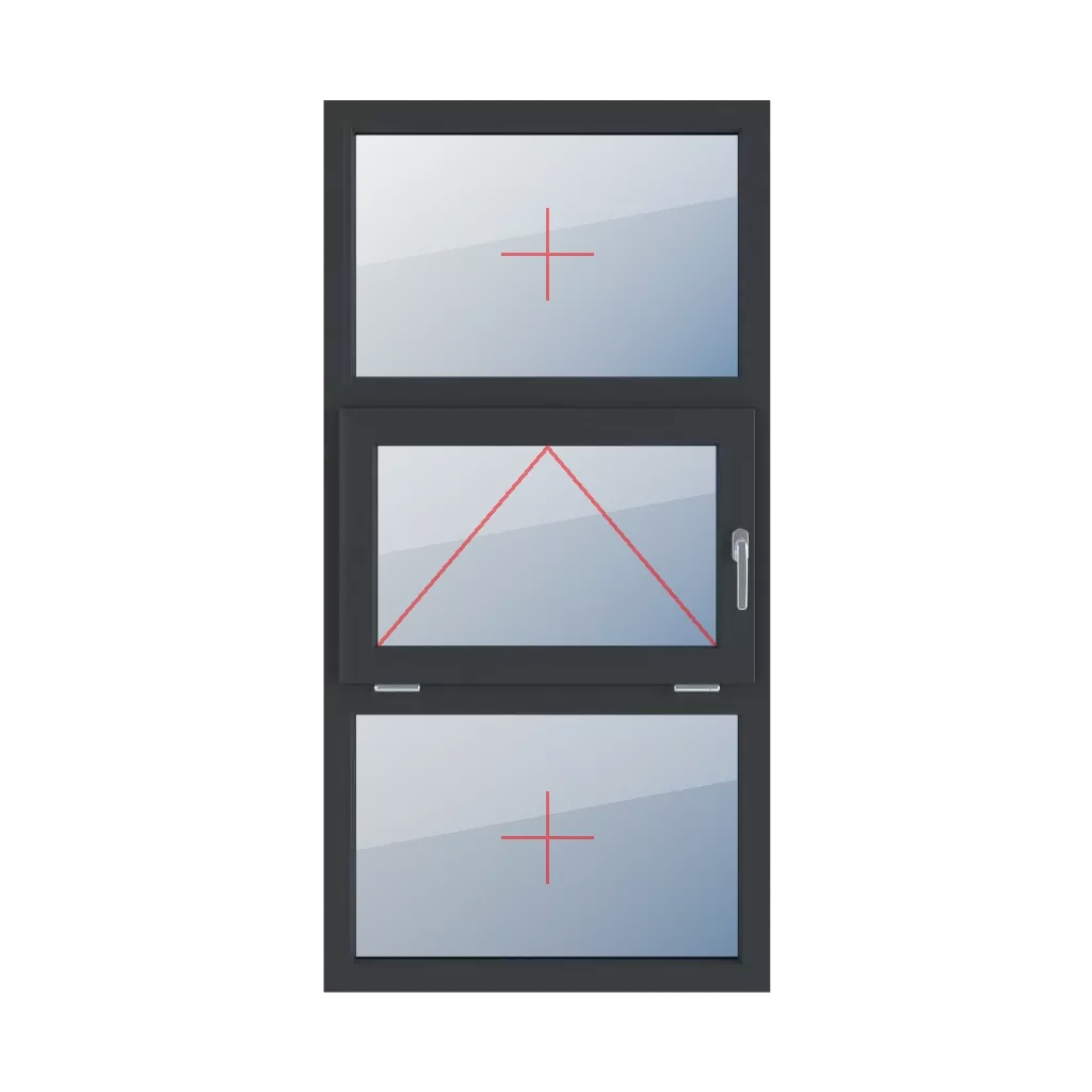Szklenie stałe w ramie, uchylne z klamką z prawej strony, szklenie stałe w ramie okna typy-okien 3-skrzydlowe podzial-symetryczny-pionowy-33-33-33  