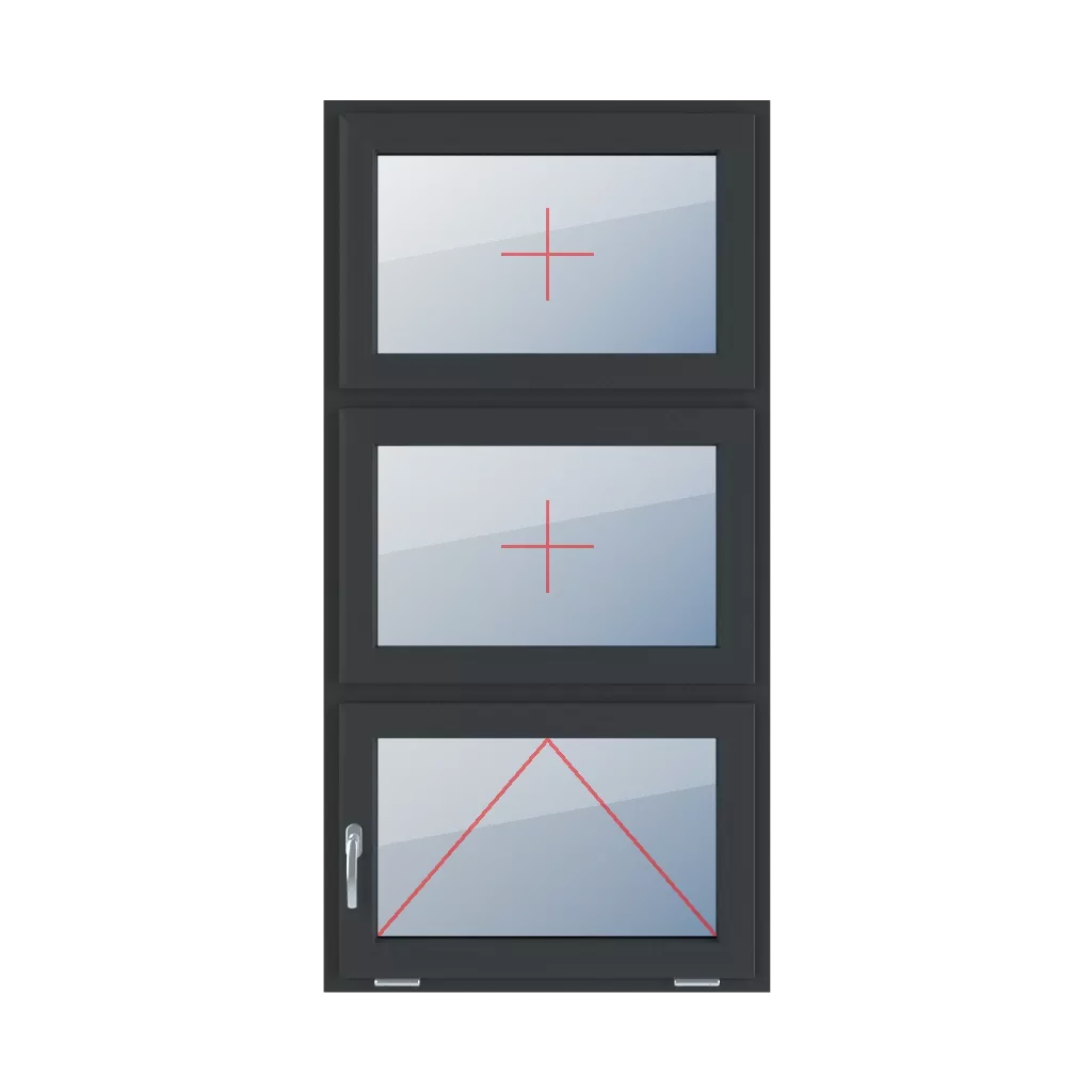 Szklenie stałe w skrzydle, uchylne z klamką z lewej strony okna typy-okien 3-skrzydlowe podzial-symetryczny-pionowy-33-33-33 szklenie-stale-w-skrzydle-uchylne-z-klamka-z-lewej-strony 