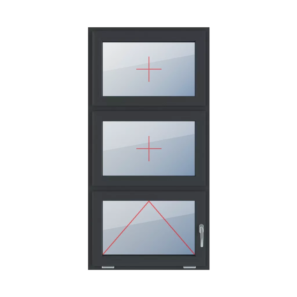 Szklenie stałe w skrzydle, uchylne z klamką z prawej strony okna typy-okien 3-skrzydlowe podzial-symetryczny-pionowy-33-33-33  