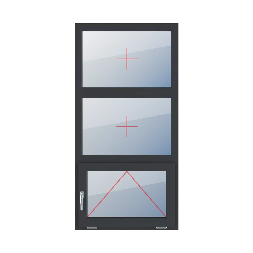 Szklenie stałe w ramie, uchylne z klamką z lewej strony okna typy-okien 3-skrzydlowe podzial-symetryczny-pionowy-33-33-33  