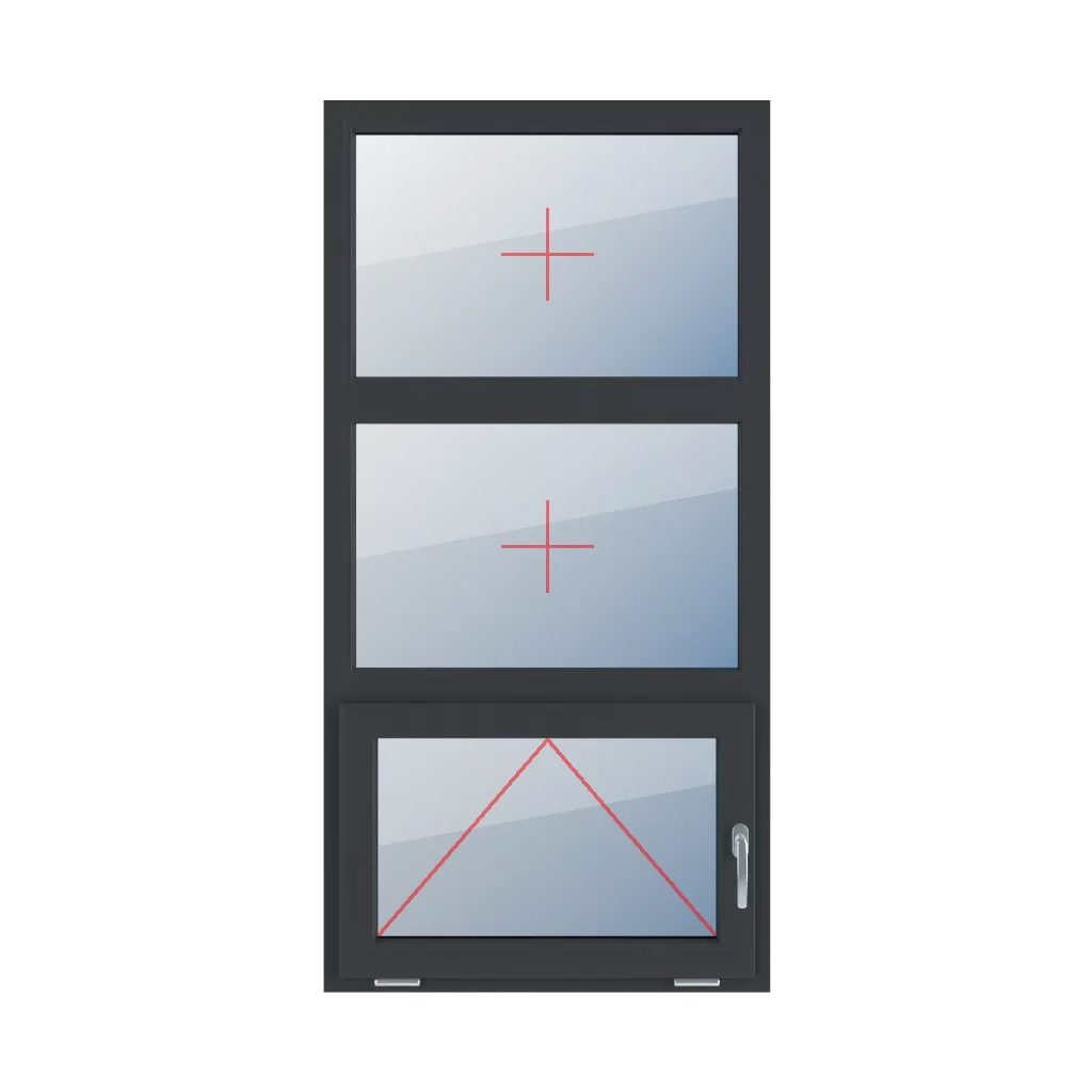 Szklenie stałe w ramie, uchylne z klamką z prawej strony okna typy-okien 3-skrzydlowe podzial-symetryczny-pionowy-33-33-33  