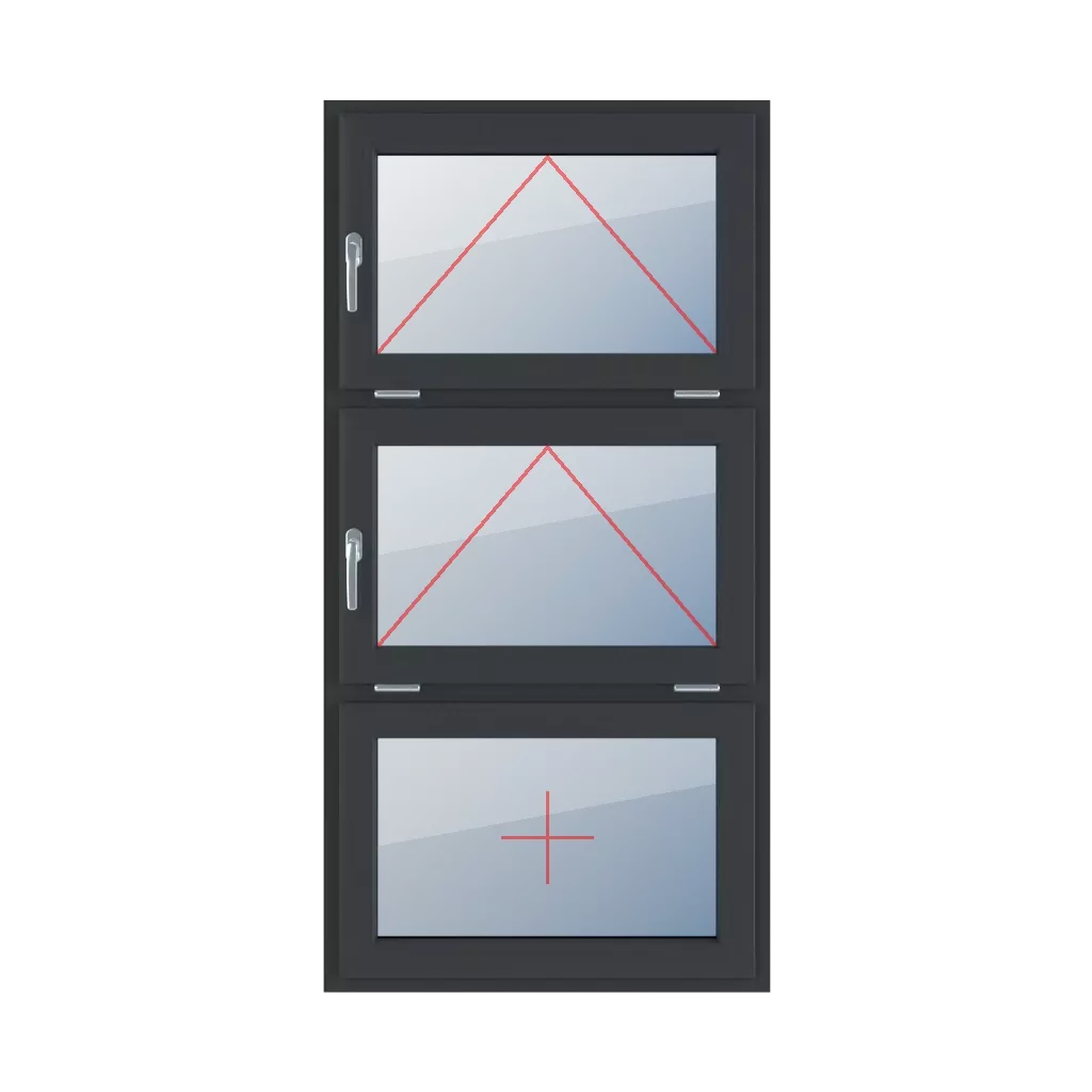 Uchylne z klamką z lewej strony, uchylne z klamką z lewej strony, szklenie stałe w skrzydle okna typy-okien 3-skrzydlowe podzial-symetryczny-pionowy-33-33-33  