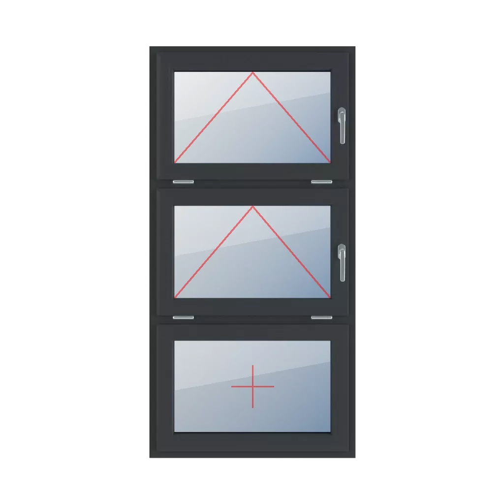 Uchylne z klamką z prawej strony, uchylne z klamką z prawej strony, szklenie stałe w skrzydle okna typy-okien 3-skrzydlowe podzial-symetryczny-pionowy-33-33-33  