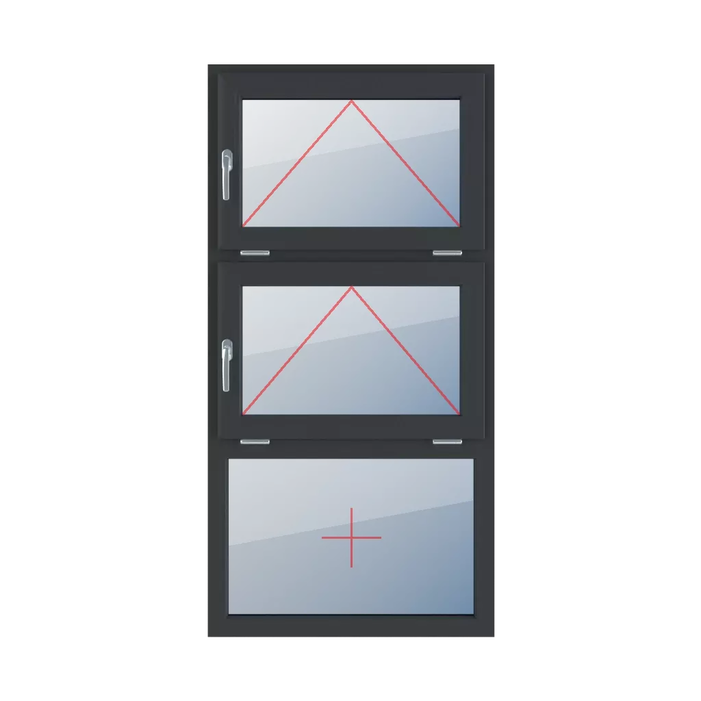 Uchylne z klamką z lewej strony, uchylne z klamką z lewej strony, szklenie stałe w ramie okna typy-okien 3-skrzydlowe podzial-symetryczny-pionowy-33-33-33  