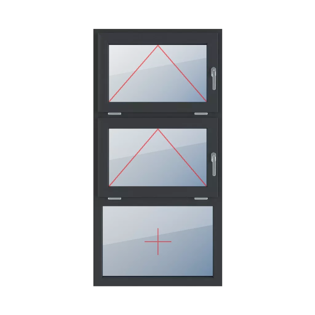 Uchylne z klamką z prawej strony, uchylne z klamką z prawej strony, szklenie stałe w ramie okna typy-okien 3-skrzydlowe podzial-symetryczny-pionowy-33-33-33  