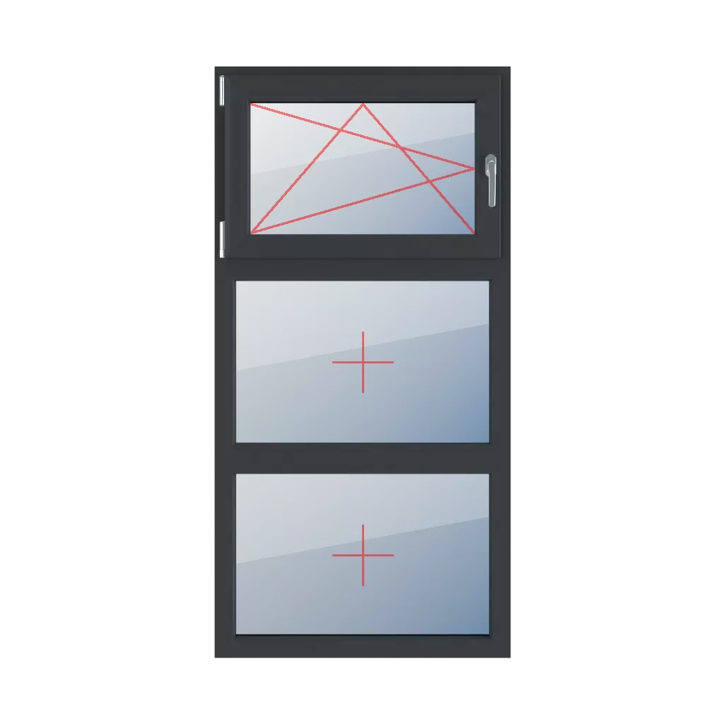 Rozwierno-uchylne lewe, szklenie stałe w ramie okna typy-okien 3-skrzydlowe podzial-symetryczny-pionowy-33-33-33  