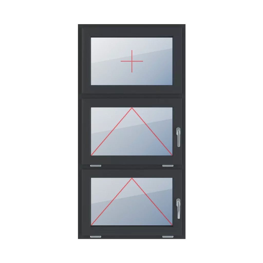 Szklenie stałe w skrzydle, uchylne z klamką z prawej strony, uchylne z klamką z prawej strony okna typy-okien 3-skrzydlowe podzial-symetryczny-pionowy-33-33-33  