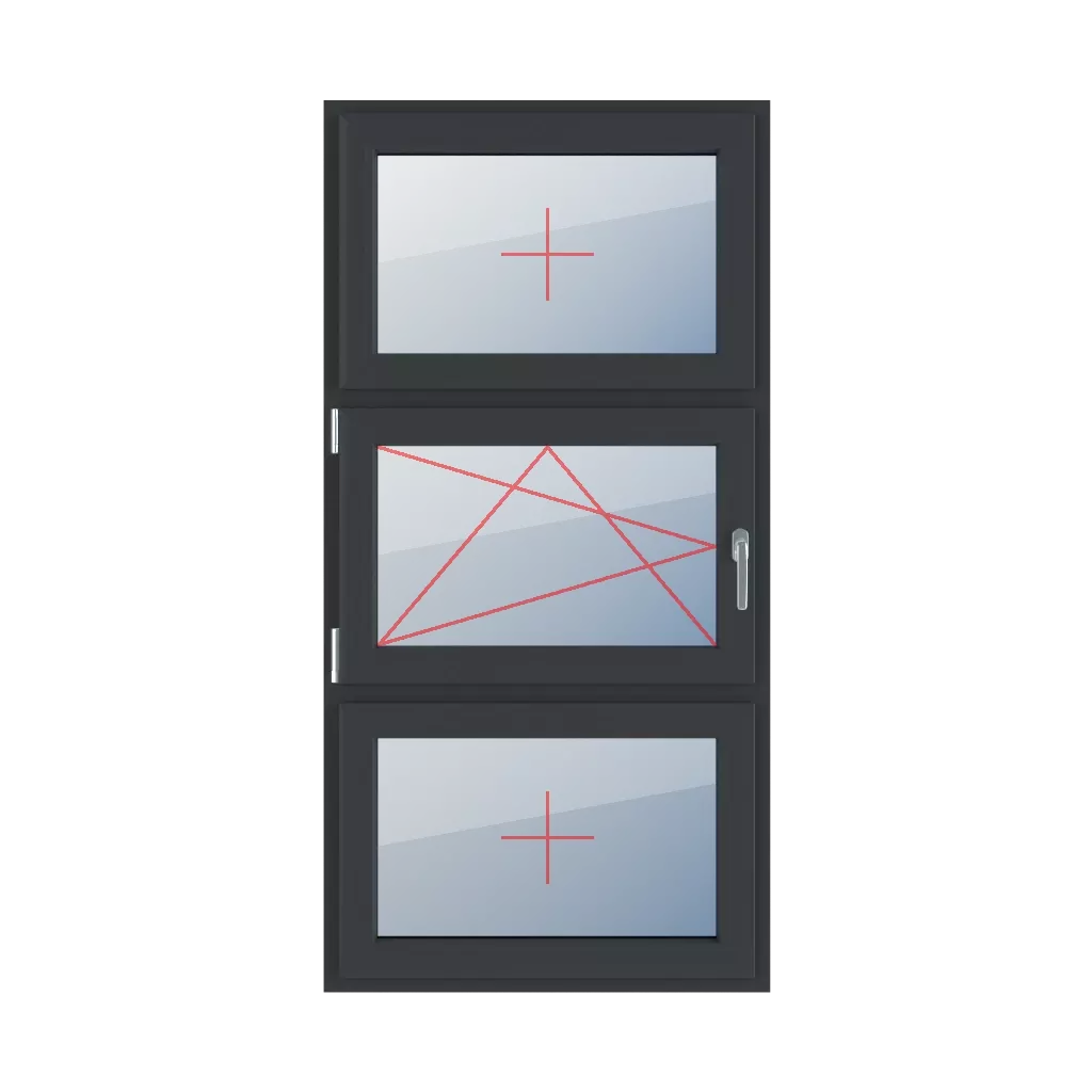 Szklenie stałe w skrzydle, rozwierno-uchylne lewe, szklenie stałe w skrzydle okna typy-okien 3-skrzydlowe podzial-symetryczny-pionowy-33-33-33  