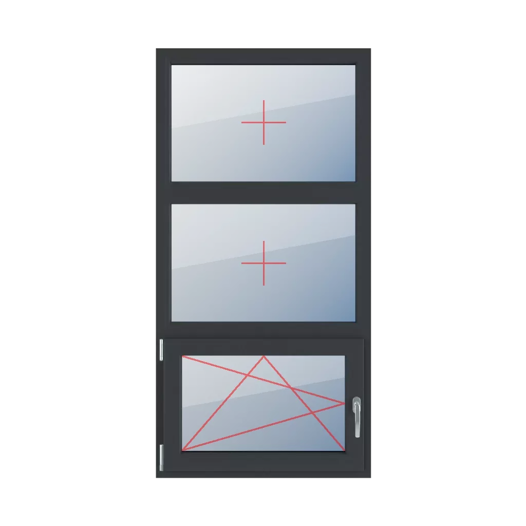 Szklenie stałe w ramie, rozwierno-uchylne lewe okna typy-okien 3-skrzydlowe podzial-symetryczny-pionowy-33-33-33  