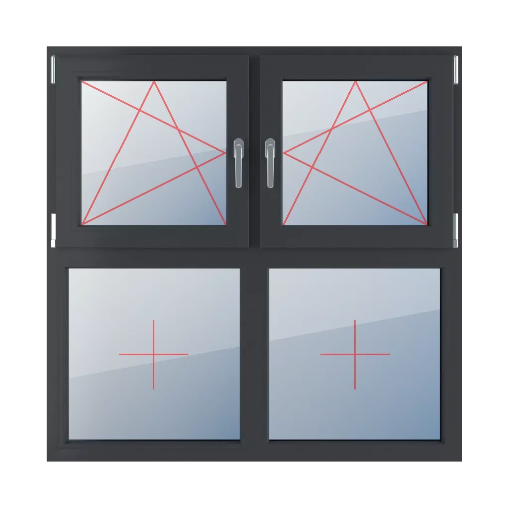 Rozwierno-uchylne lewe, rozwierno-uchylne prawe, szklenie stałe w ramie okna typy-okien 4-skrzydlowe podzial-symetryczny-poziomy-50-50 rozwierno-uchylne-lewe-rozwierno-uchylne-prawe-szklenie-stale-w-ramie 