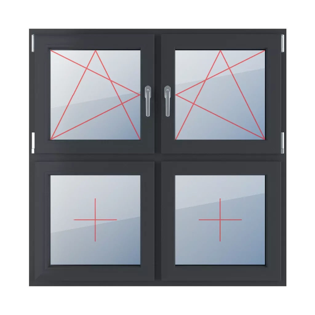 Rozwierno-uchylne lewe, rozwierno-uchylne prawe, szklenie stałe w skrzydle okna typy-okien 4-skrzydlowe podzial-symetryczny-poziomy-50-50  