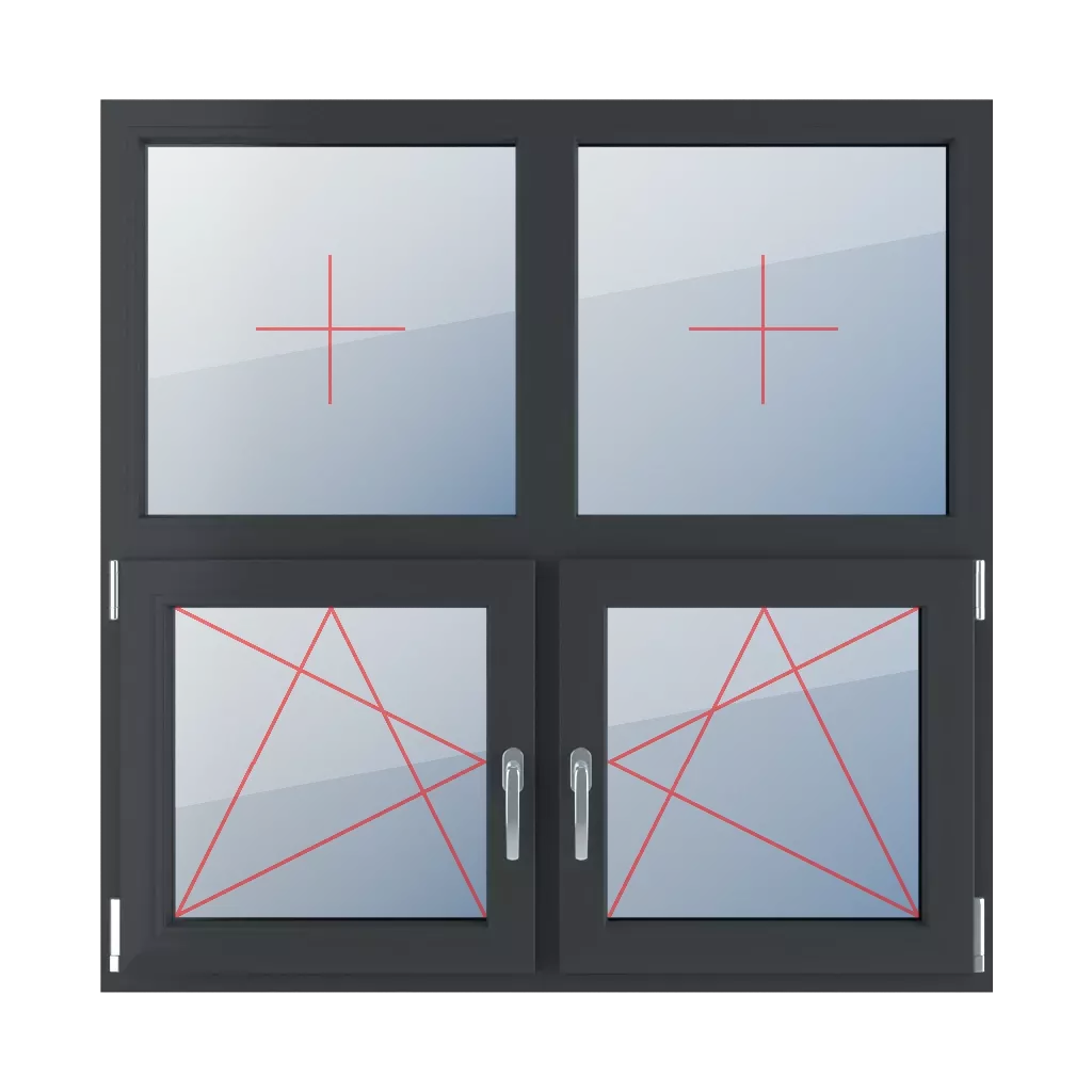 Szklenie stałe w ramie, rozwierno-uchylne lewe, rozwierno-uchylne prawe okna typy-okien 4-skrzydlowe podzial-symetryczny-poziomy-50-50  
