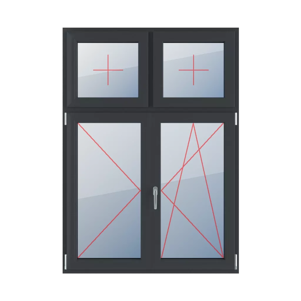 Szklenie stałe w skrzydle, rozwierne lewe, słupek ruchomy, rozwierno-uchylne prawe okna typy-okien 4-skrzydlowe podzial-niesymetryczny-pionowy-30-70-z-ruchomym-slupkiem  