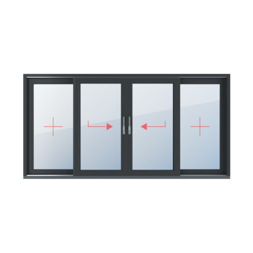 Typy okien drzwi tarasowe przesuwne HST 4-skrzydłowe Szklenie stałe, przesuwne lewe, przesuwne prawe, ruchomy słupek, szklenie stałe