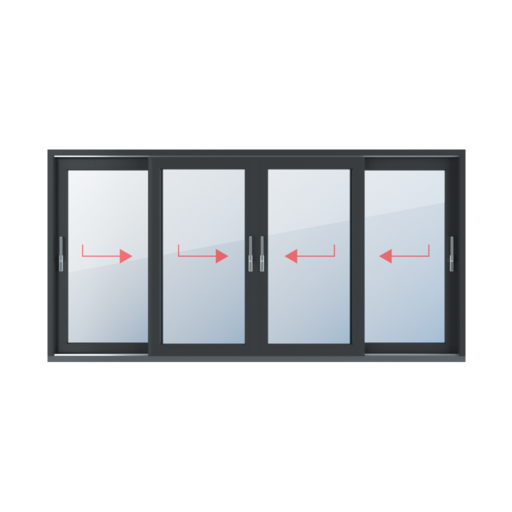 Typy okien drzwi tarasowe przesuwne HST 4-skrzydłowe Przesuwne prawe, przesuwne lewe, przesuwne prawe, ruchomy słupek, przesuwne lewe