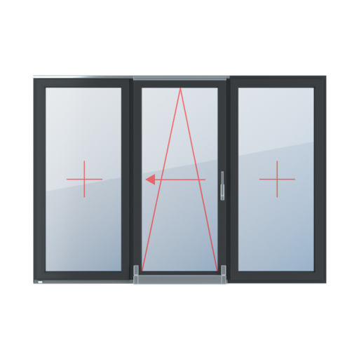 Typy okien drzwi tarasowe przesuwne PSK 3-skrzydłowe szklenie stałe w skrzydle uchylno-przesuwne lewe szklenie stałe w skrzydle