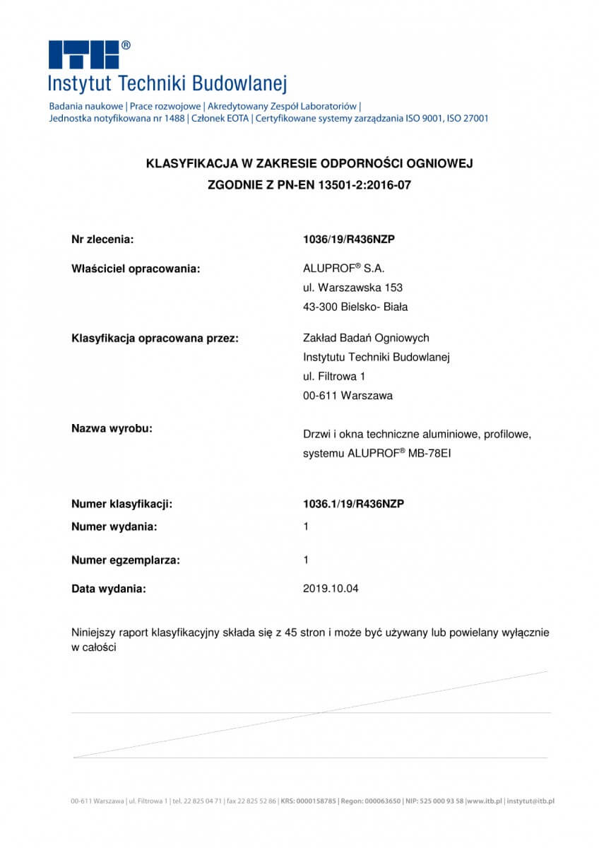 Certificate MB-78EI okna profile-okienne aluprof mb-78ei  